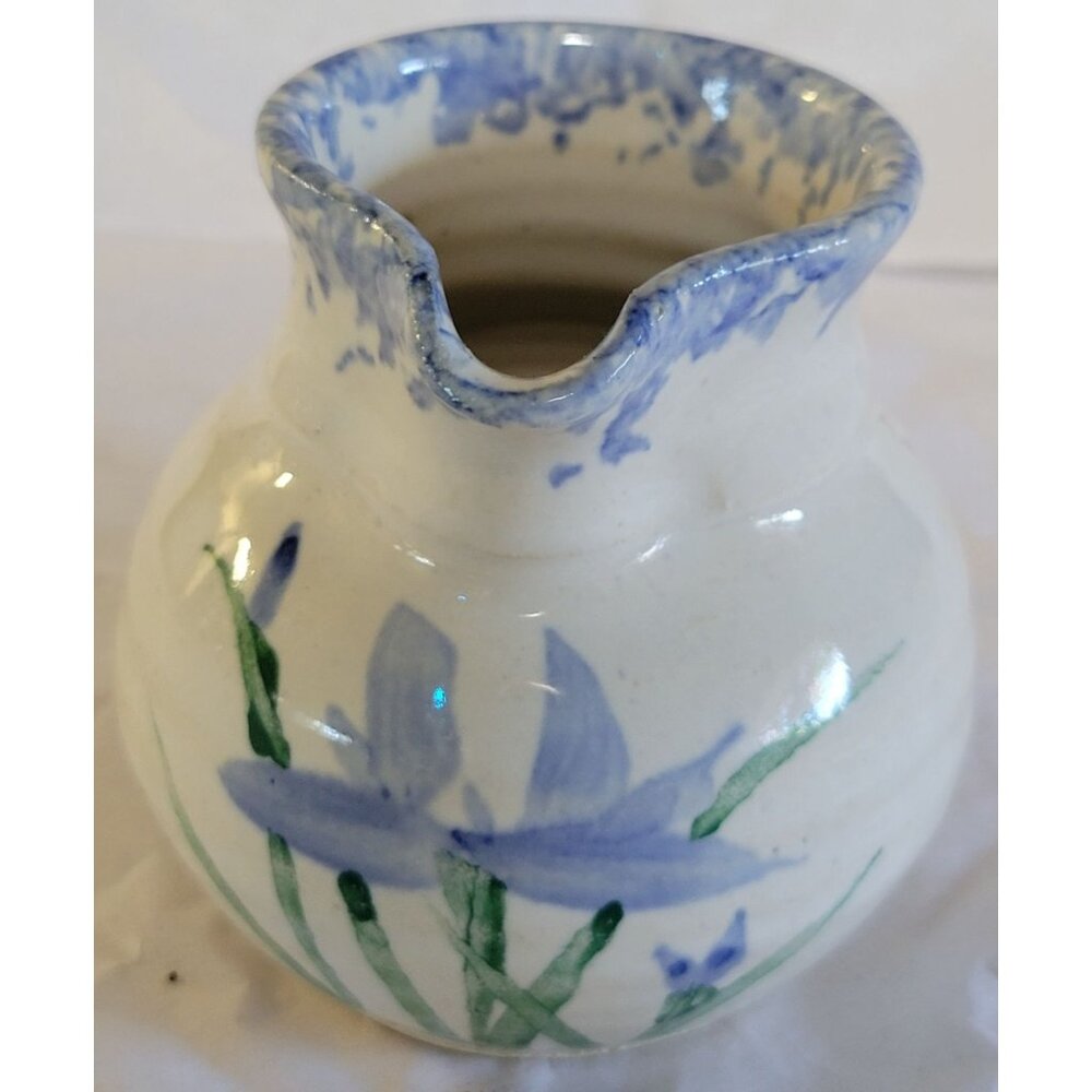 Signed Hand-Painted Stoneware Floral Pitcher Creamer With Handle Spout Vtg 4 in